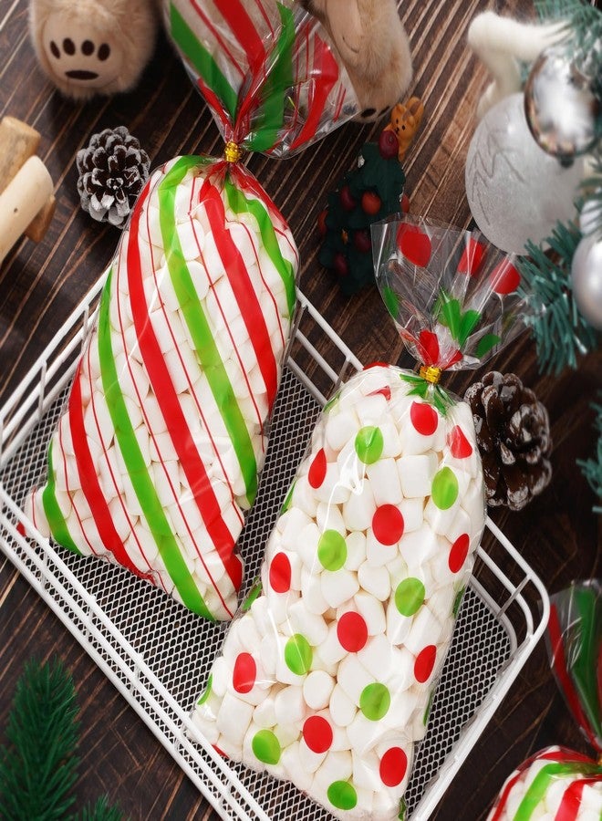 Whaline 150Pcs Christmas Cellophane Treat Bags Red Green Stripes Dots Candy Cookie Treat Bags with Twist Ties Xmas Plastic Goodie Gift Bags for Snack Packing Holiday Party Favors - Image 4